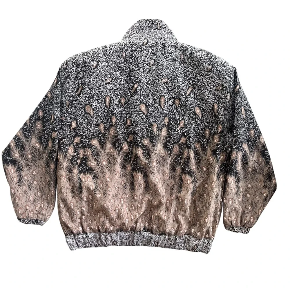 Valentina OS Black Tan Metallic, Peacock Ostrich Feather Print Bomber Jacket VTG